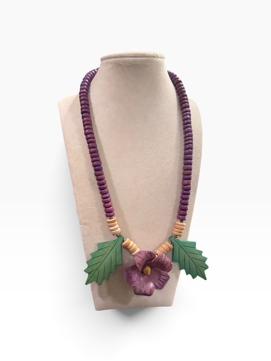 Jewelry - Vintage Hand Carved Wood Flower Necklace Purple Green Statement Artisan